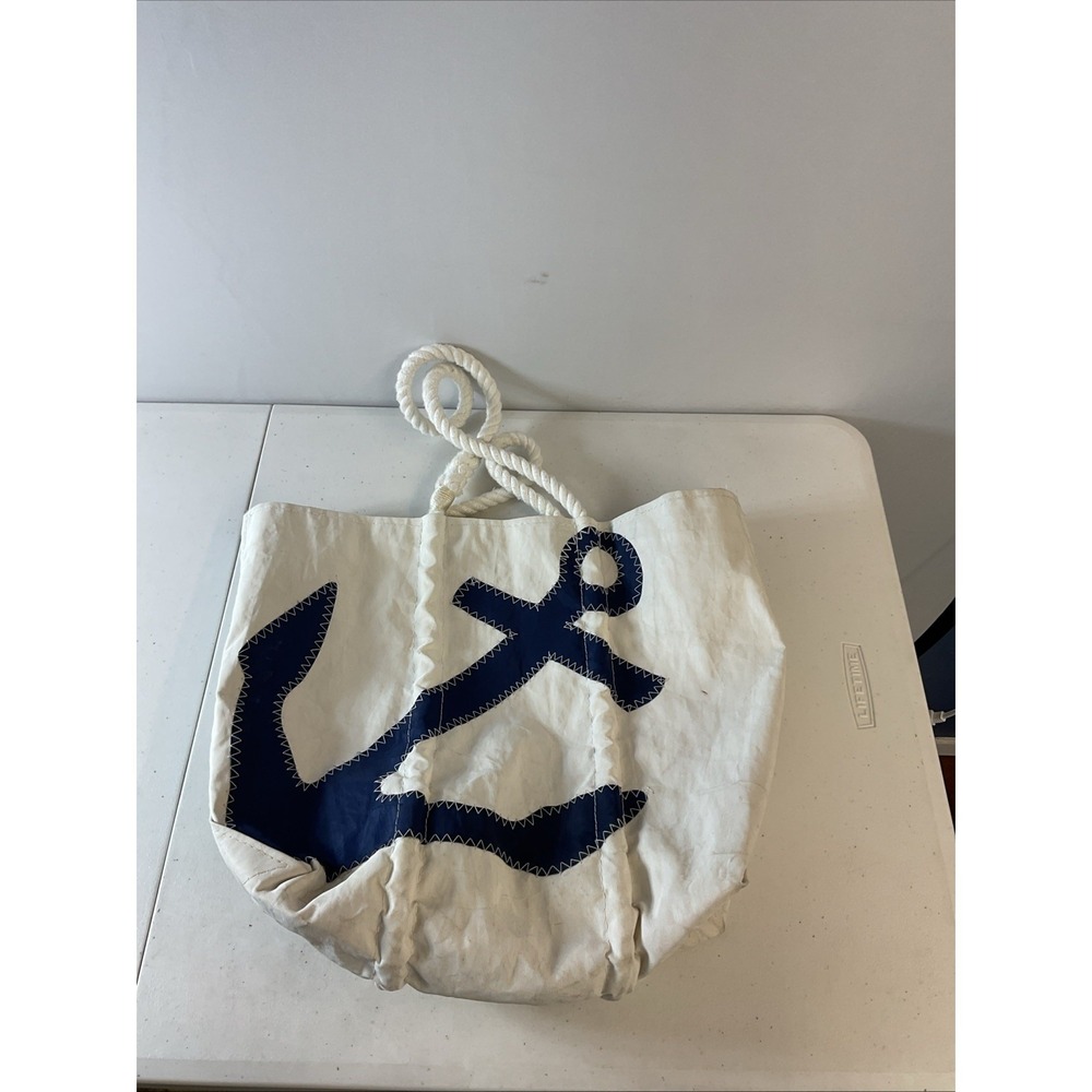 Sea Bags of Maine Navy on White Anchor Med Tote Recycled Sails Canvas Rope